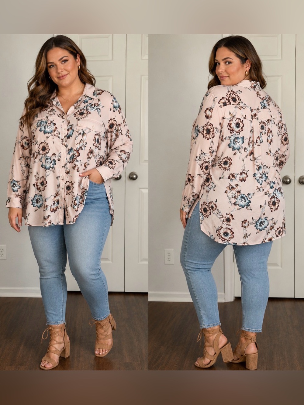 Lauren Ralph Lauren Pink Front Button Long Sleeve Women Blouse Sz 2X Romantic
